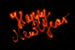 Happy New Year in fiery light script.