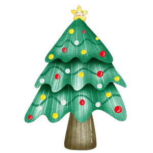Smiling Christmas tree with colorful ornaments and star.